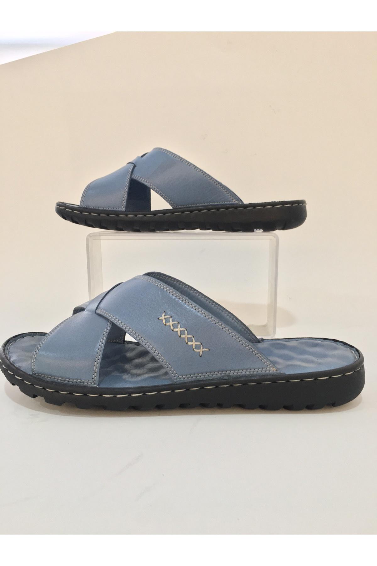 

Синие мужские тапочки из натуральной кожи внутри и снаружи, удобные стельки