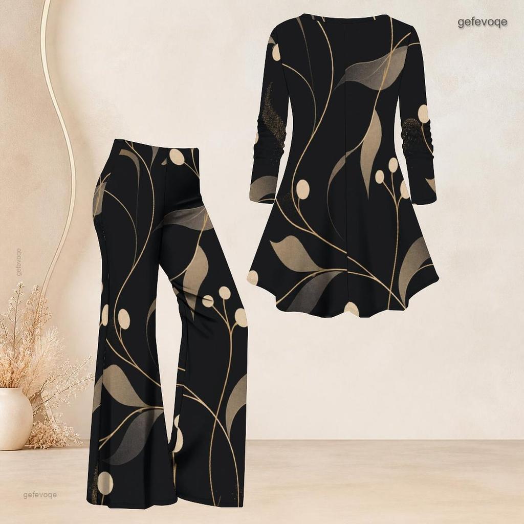 Women Plus Size Black Floral Printed V Neck Three Quarter Sleeve Flared Top Flared Pants Two Piece Set