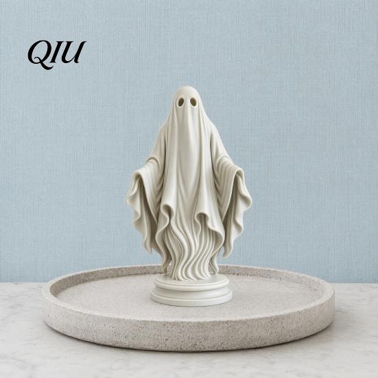 Gothic Style Home Accent Ghost Statue, Resin White Figurine, Spooky Halloween Decoration with Durable Art Flowing Robe And Base for Mantel,