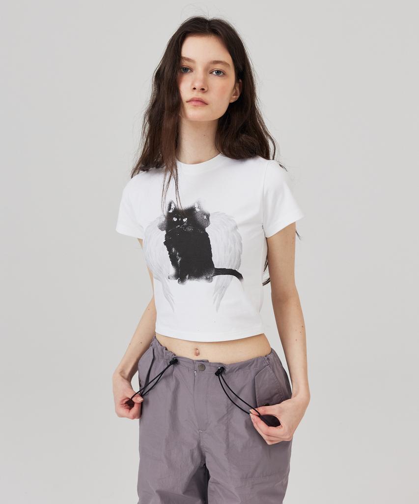 KITTY POTTERY Angel Cat Short Sleeve T-Shirt White