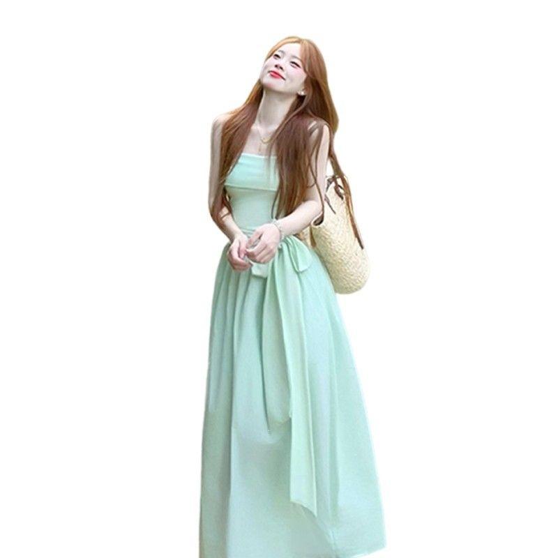 2026 new mint green sleeveless tube top dress for children's summer French vacation style waist strap long dress