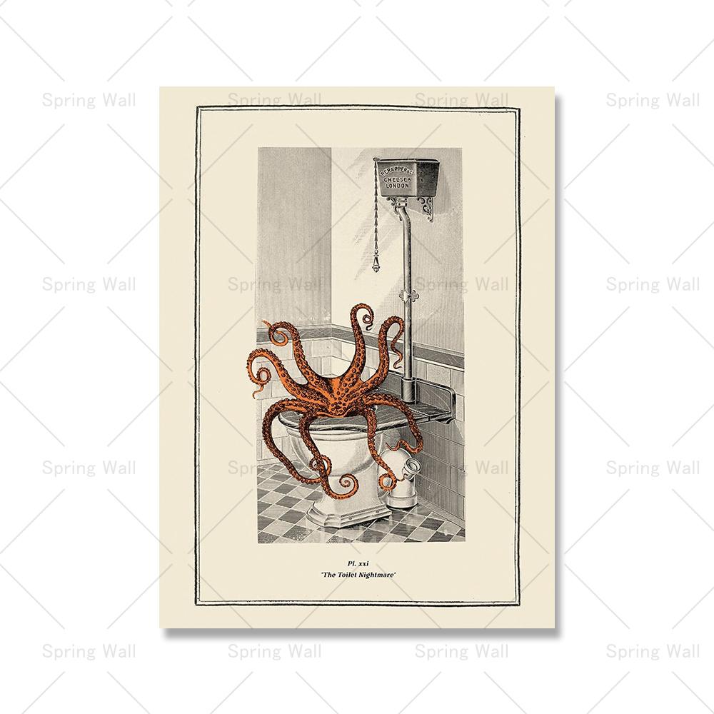 Vintage Octopus Print Funny Toilet Wall Art Cloakroom Poster Retro Gothic Steampunk Bathroom Wall Pictures Canvas Painting Decor