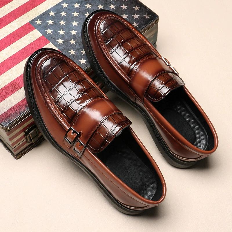 Men Alligator Pattern Leather Shoes Casual Slip On Formal Dress Loafers Breathable Soft Flats Non Slip Driving Office Work Shoes