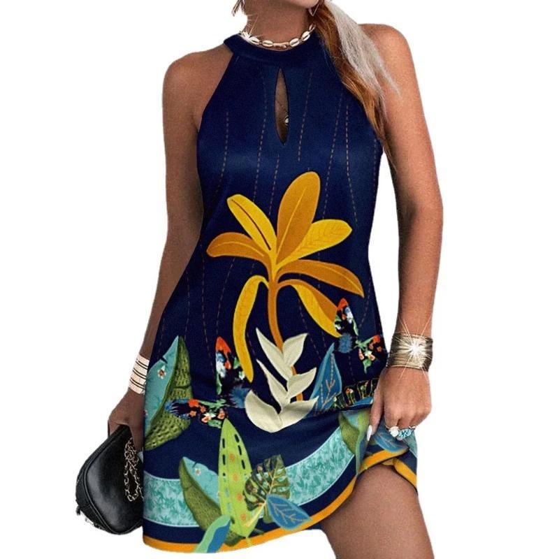 Women Halter Floral Print Mini Loose Dress Summer Female Sleeveless Halter Beachwear Sundress SZE-ST23013