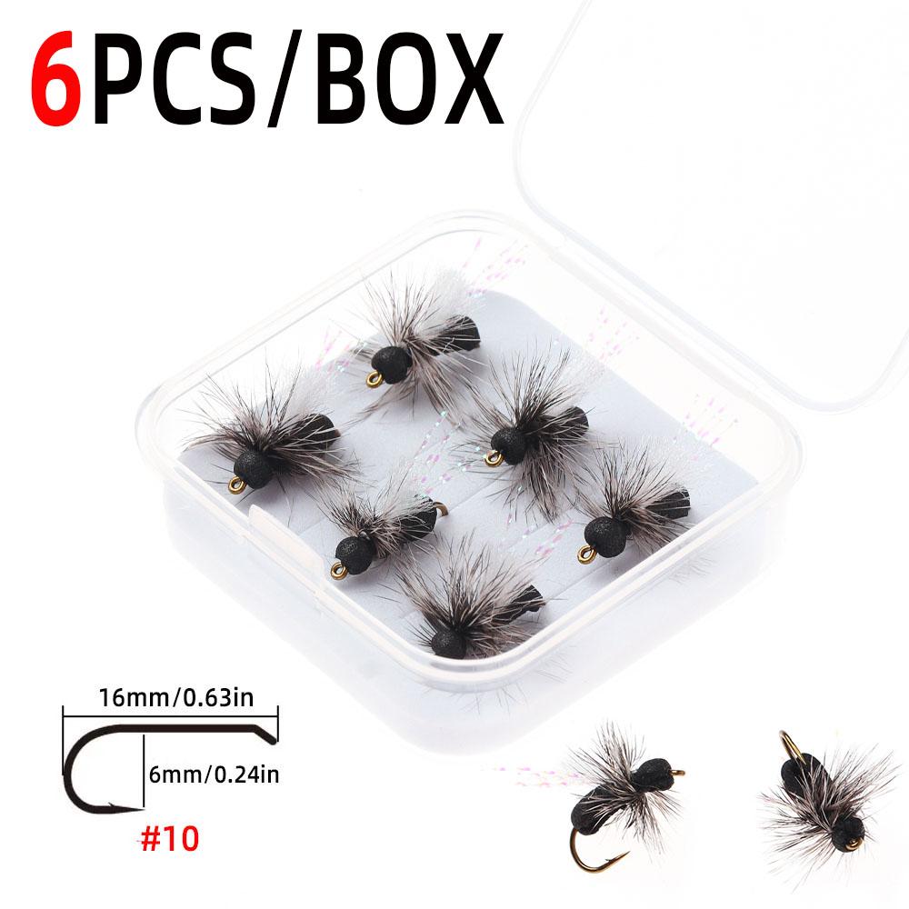 6pcs/Box Fly Fishing Flies Dry Fly Black Foam Ant for Riverine Trout, Panfish, Bass, Grayling, and Carp Fishing Lures