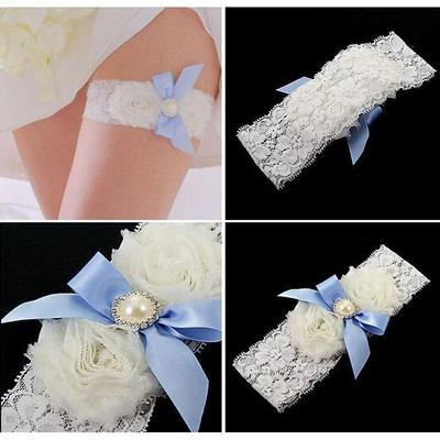 Prom Sexy Bridal Blue Satin Flower Girl White Pearl Garter Lace Bowknot
