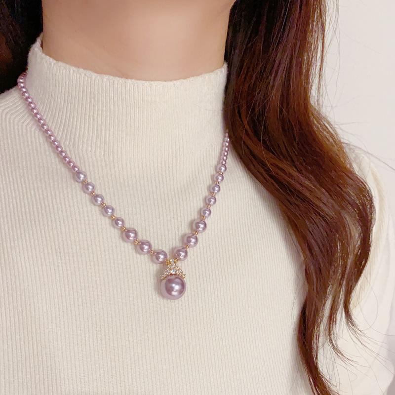 French Zircon Crown Glass Bead Necklace Fashionable Niche Design High-end Light Luxury Temperament Retro Sweater Chain