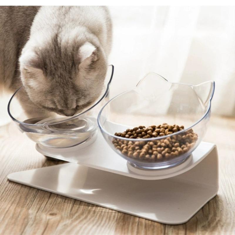Ciotole per Gatti e Cani su Supporto Alto Inclinato a 15 Gradi, Doppie Ciotole per Animali Domestici, Protezione Vertebre Cervicali, Utensili per Cibo per Gatti, Articoli per Animali Domestici