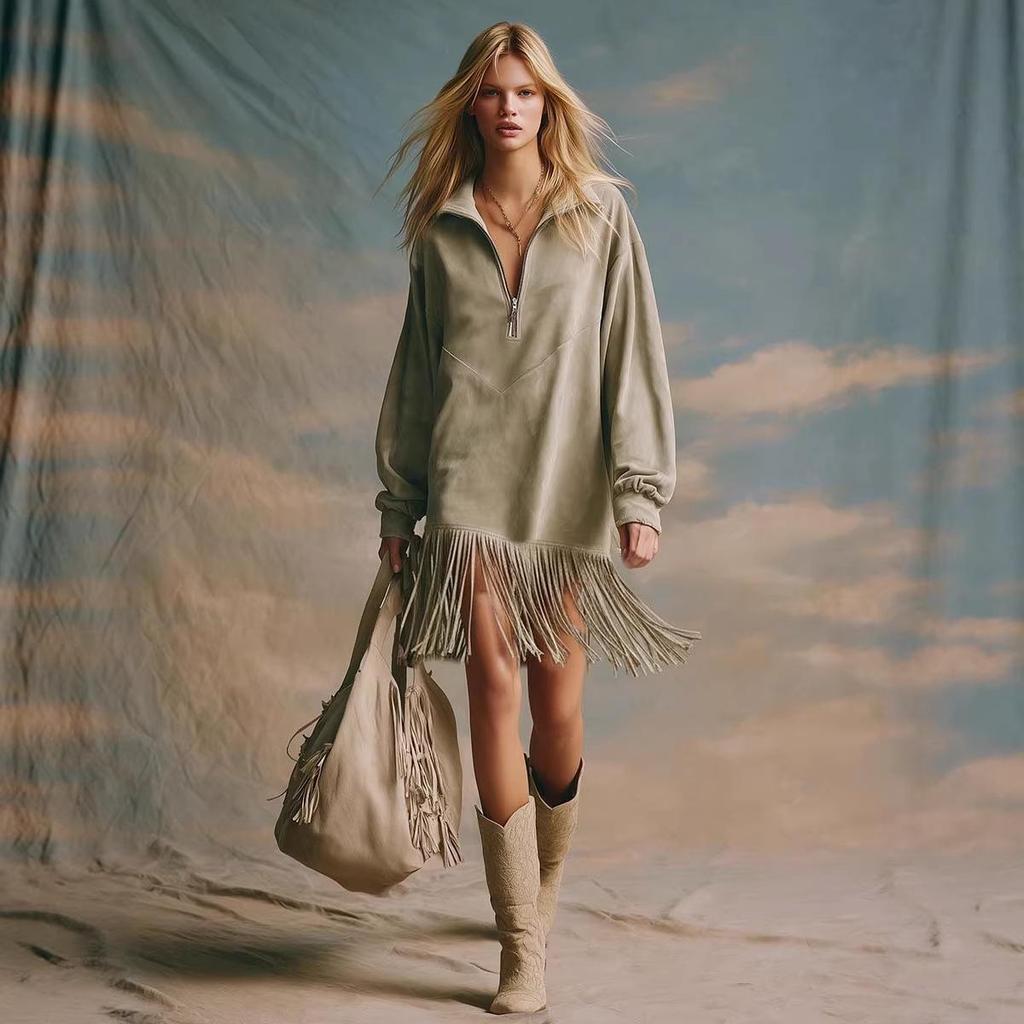 2026 New Retro Tassel Long Sleeve Suede Dress with High Collar
