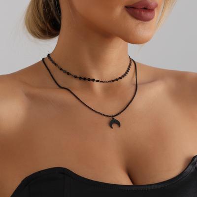 Double-Layer Black Personalized Moon Collarbone Fringed Necklace Necklace Necklace Decoration Temperament Simple Cold Wind Collarbone Chain