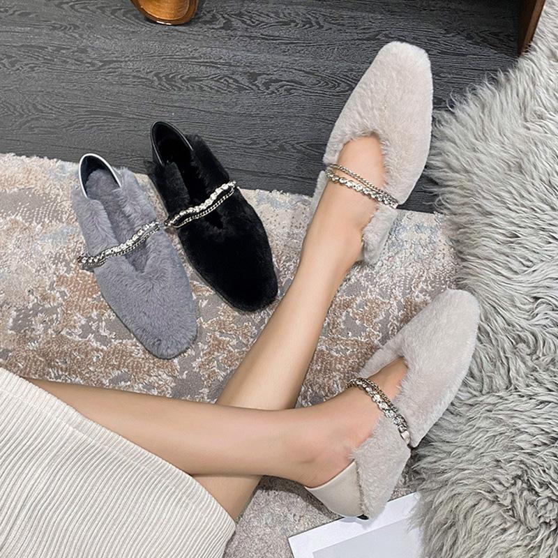 Fashion Rhinestone Chains Mink Fur Flat Shoes for Woman Square Toe Warm Plush Moccasins Crystal Band Furry Slip On Loafers Big Size 43