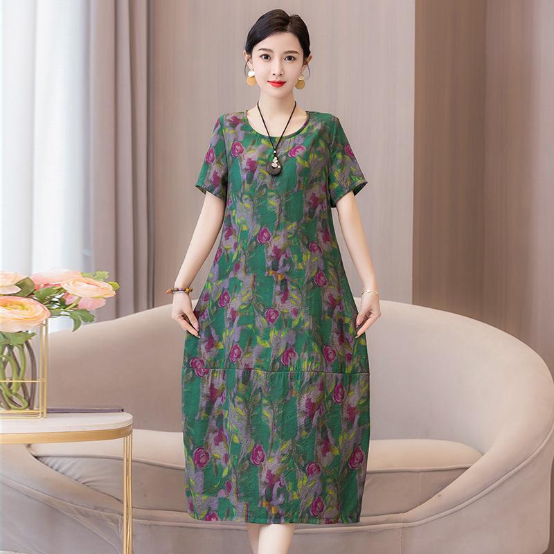 Women's Plus Size Summer Cotton Linen Slimming Midi Dress - Fashionable, Flattering, and Loose Fit