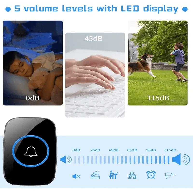 Waterproof Wireless Doorbell Kit for Home Use, Adjustable Volume, 5 Levels of Volume, 60 Ring Tones, Easy To Use, with LED Indicator