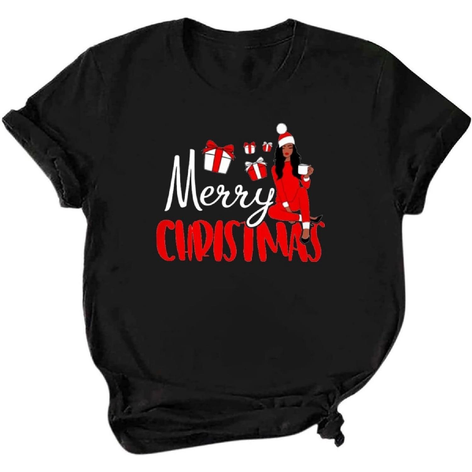 LMSXCT Merry Christmas Shirts for Women, The Girl in The Christmas Hat Shirt Top Short Sleeve Casual Graphic Print T Shirt S
