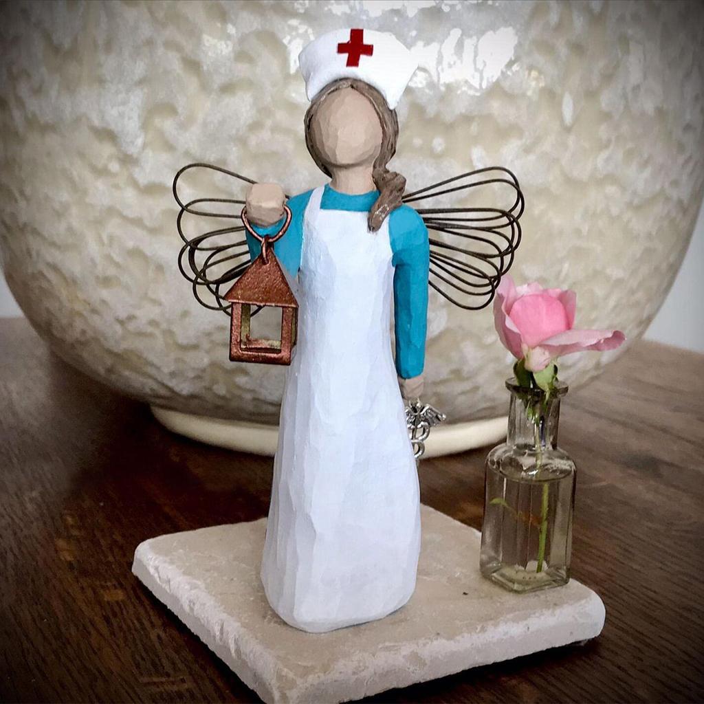 Nurse Angel Statue Resin Figurine Blue Lantern Thanksgiving Decor