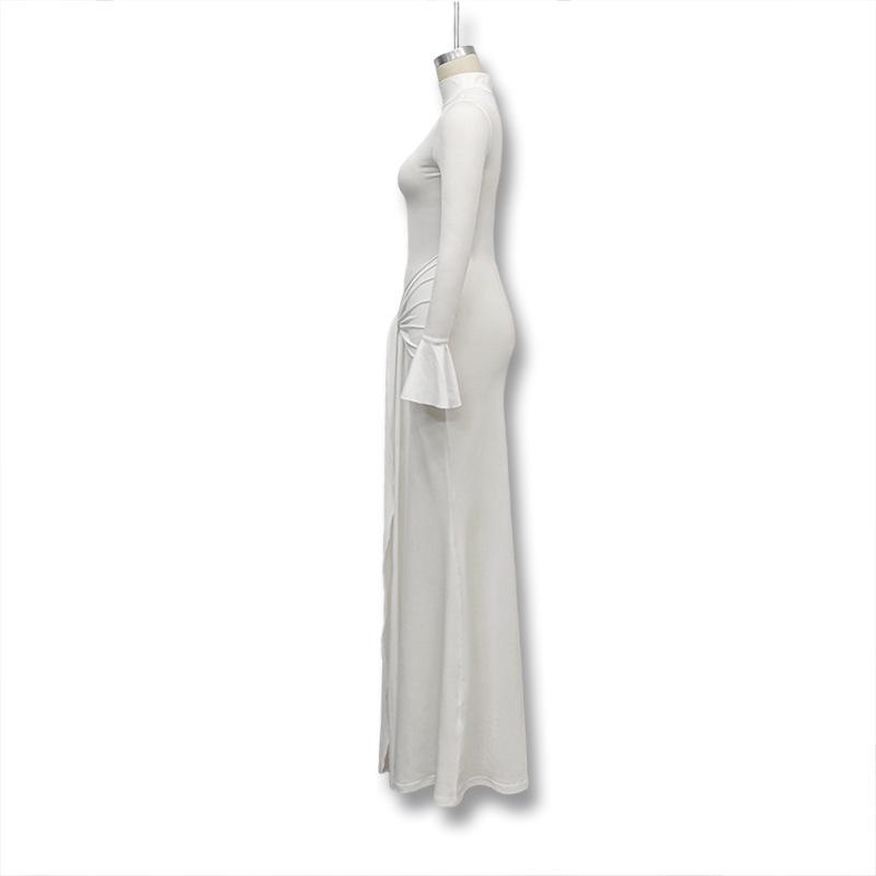 European & American Women's Fashion 2024 Autumn/Winter Slimming Long-Sleeve Tie-Up Dress - Solid Color, Waist-Hugging & Hip-Wrapping Style