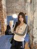 2026 Spring Korean Color Block V-Neck Long Sleeve Women's T-Shirt with Versatile Striped Embroidery Design