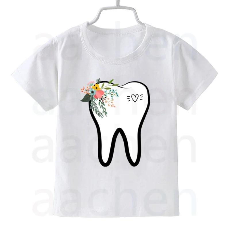 Tooth Dentist Cartoon Print Kid Cute White T Shirt Children Short Sleeve Clothing Funny Cartoon Party Top Boys and Girl Tshirt