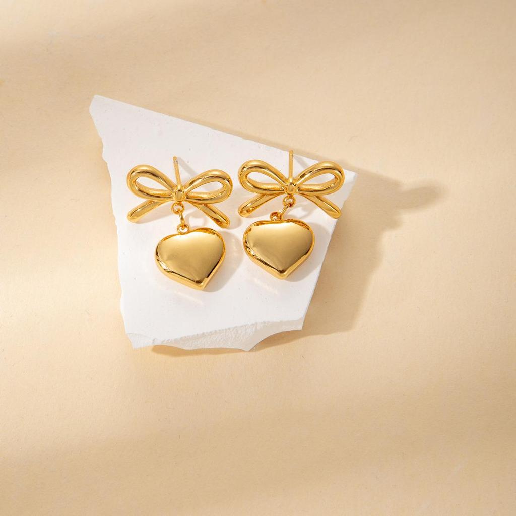 Elegant Gold Bow & Peach Heart Necklace and Earrings Set for Women - Stainless Steel Chain