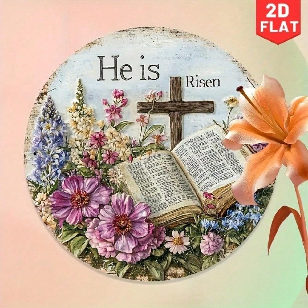 Easter Cross Metal Wall Art with Floral Wreath 8x8 Inch Decor