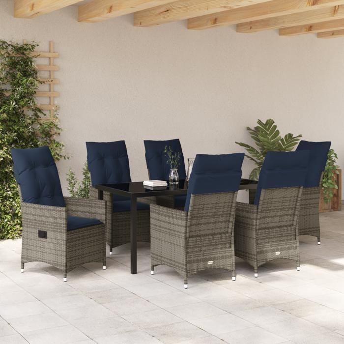 vidaXL 7-piece Garden Dining Set with Gray Poly Rattan Cushions 3379594