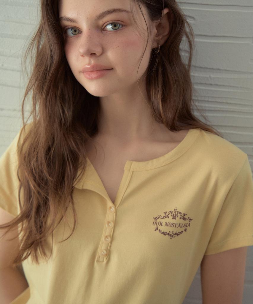 Aueonoseuteljia Henley Print Half T-Shirt_Vintage Yellow(Ob6Tp11)