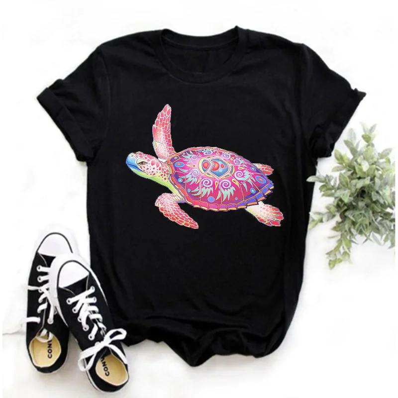 Women's Turtle Print T-shirt, Short Sleeve Harajuku Cartoon T-shirt, Summer 2026 Round Neck Street Style T-shirt, Y2K Clothing