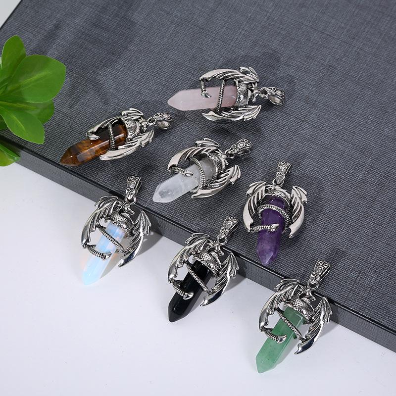 Vintage Flying Dragon Pendant Necklace with Amethyst, Rose Quartz, and Tiger Eye Gems