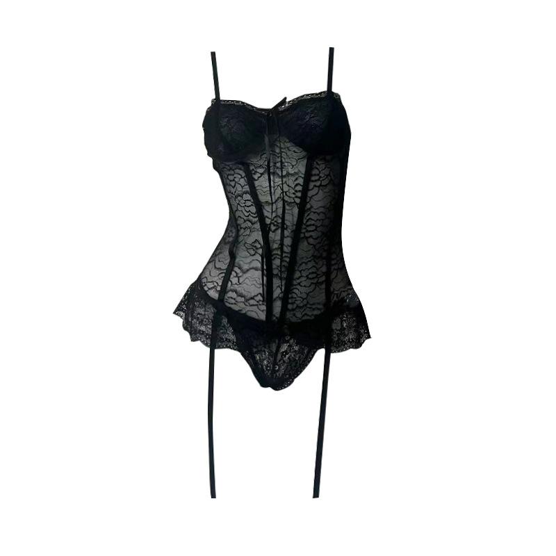 Sexy Lace Suspender Vest Women's Spring Summer Sexy Fishbone Waist Bodysuit Black Vest Onesie
