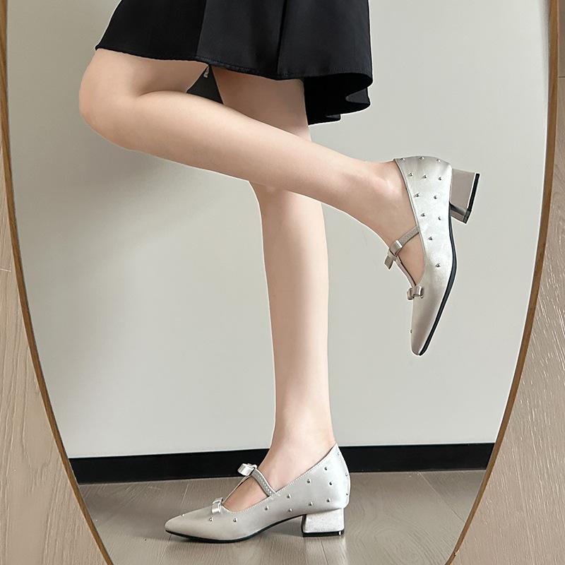 French pointed inner height increase Mary Jane women's shoes thick heel high heels satin women's shoes spring and summer pointed single shoes work s