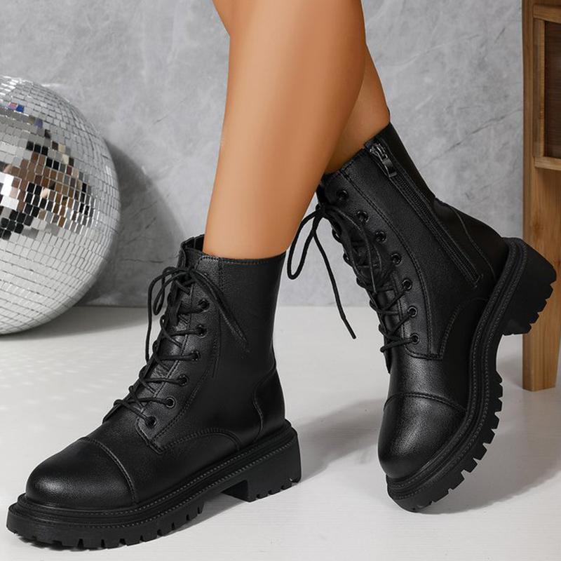 Fashion 2025 Fashion Leather Lace-Up Ankle Boots for Women Wear-Resistant Zip Platform Woman Bootie Round Toe Zip Women's Boots