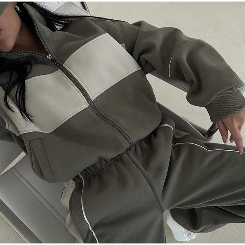 Loose Tracksuit Women Trouser Suits Loose Contrast Zipper Sweat Jacket Stripe Sweatpants Female 2 Piece Set  Autumn Lady Outwear
