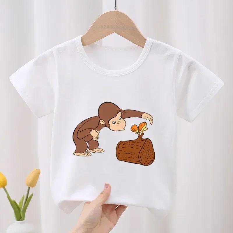 Curious George Roztomilý opičí potisk Dětské tričko Dětské oblečení Letní Oblečení pro holčičky Chlapecká trička s krátkým rukávem