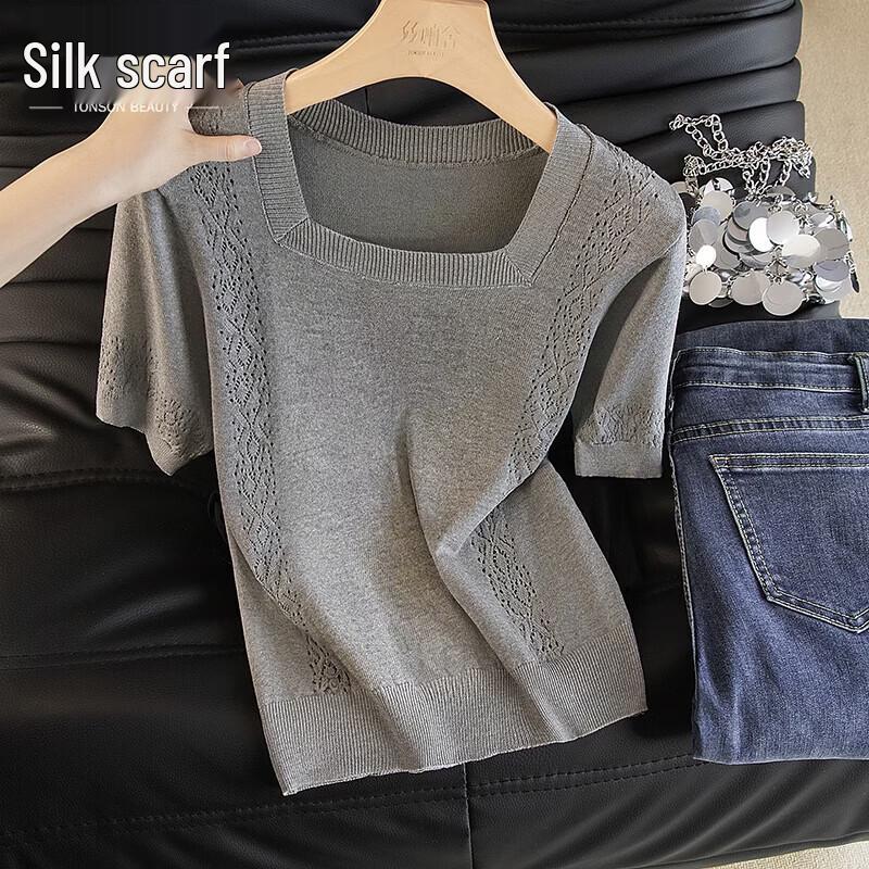 Women s Square Neck Short Sleeve Hollow-Out Knit Top One Size