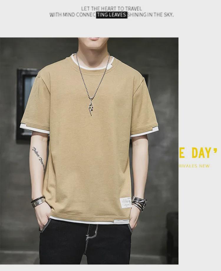 Men's Short-Sleeve Two-Piece Look Cotton T-Shirt, Loose & Breathable Hong Kong Style, Comfortable Spring/Summer Casual Innerwear Trend