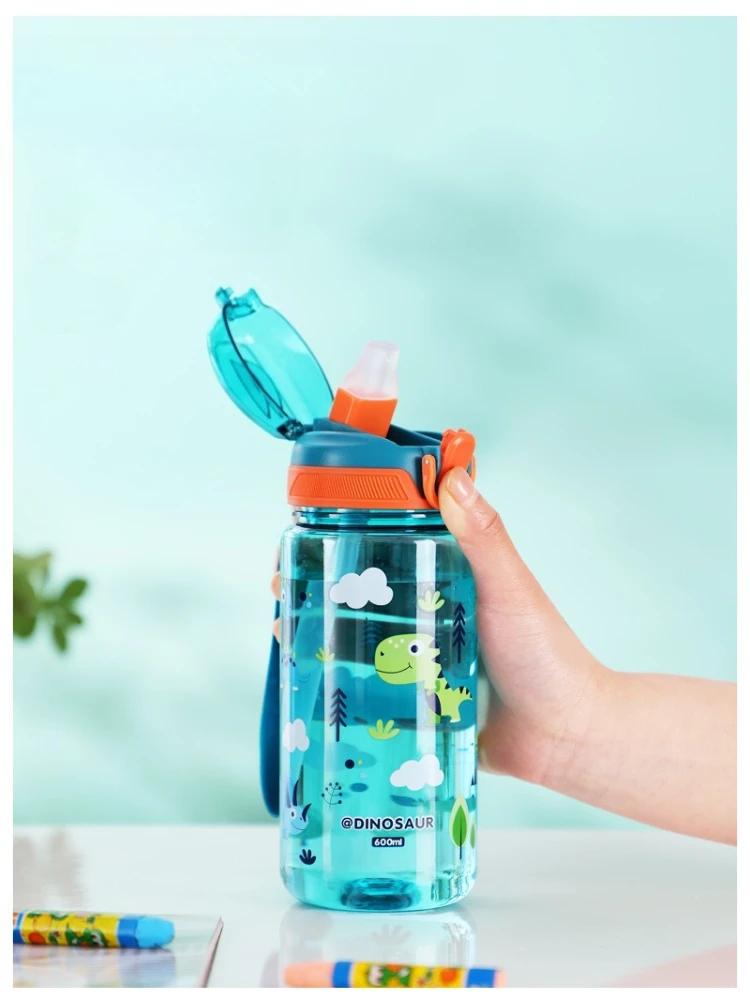 600ml Children's Plastic Water Cup BAP Free Kids Drinking Cup Cute Cartoon Straw Cup Leak-proof Plastic Water Bottles