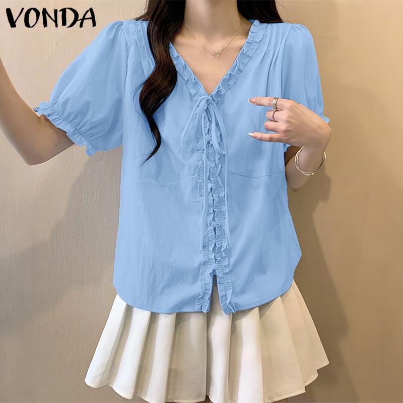 VONDA Women V Neck Puff Sleeve Buttons Up Ruffled Solid Casual Blouse