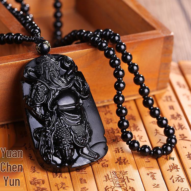 Men's Domineering Pixiu & Dragon Necklace with Guan Yu Pendant - Imitation Obsidian Couples Gift