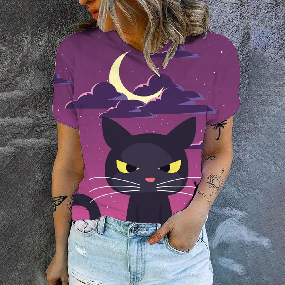Women's High Quality T-shirt Cartoon Cat Pattern Print T-shirt Fashion Print T-shirt Elegant Women's Short Sleeved T-shirt