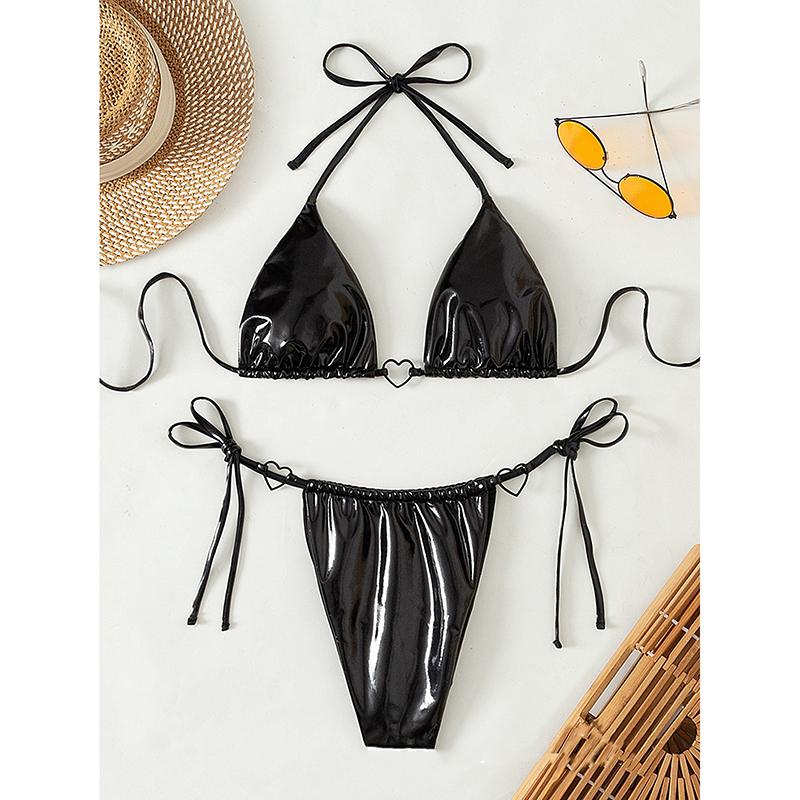 Faux Leather Bikini Set Women Sexy Swimsuit Two-Piece Heart Backless Female Swimwear Bathing Summer Fashion Beachwear
