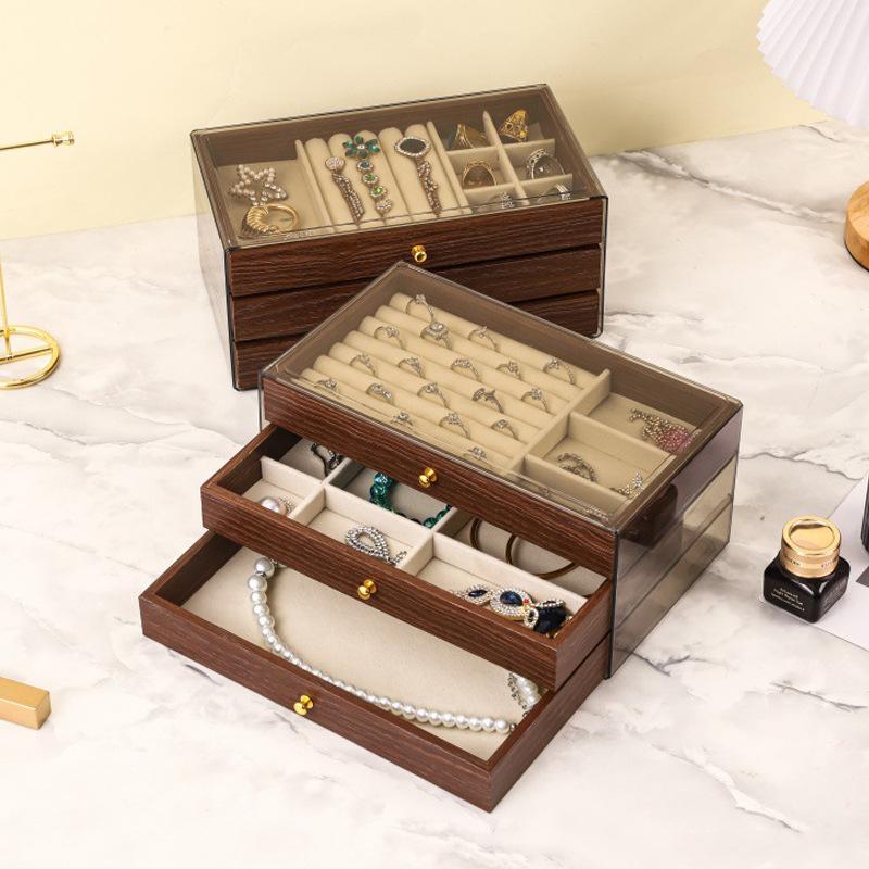 New walnut pattern three-layer drawer jewelry storage box ring earrings earrings necklace bracelet jewelry storage box