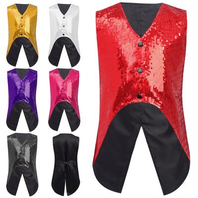 Boys Performance Vest Sleeveless Asymmetrical Hem Sparkly Sequin Design Stage Party Banquet Vest