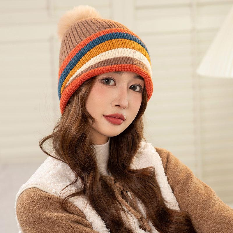 Rainbow Mixed Color Knitted Warm Hat Women's Fleece Warm Ear Protector Hairball Hat Dopamine Face Small Wool Hat