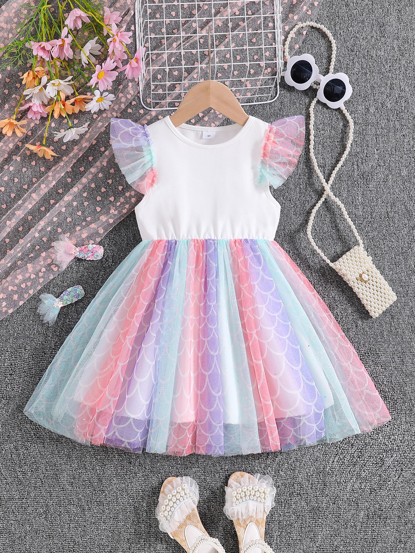 Toddler Girl Rainbow Mermaid Scales Mesh Dress Ruffle Sleeve Casual Princess Dress 4Y разноцветный