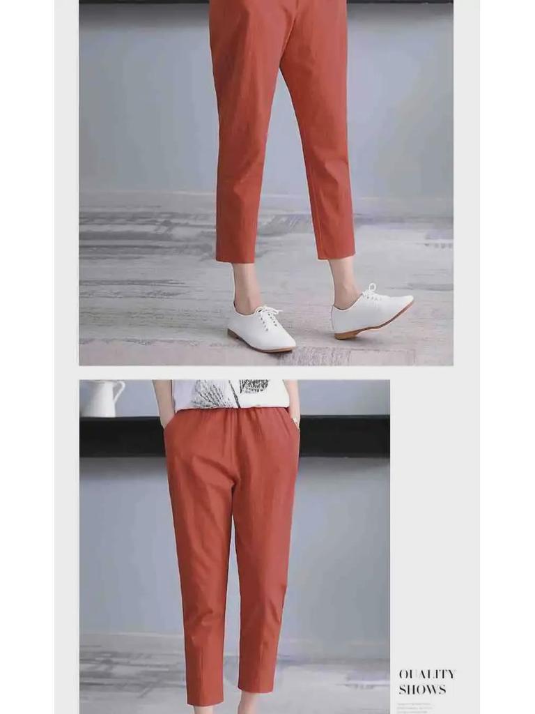 Dammode Sommar Bomull Linne Haremsbyxor - Koreansk Stil, Lös Passform, Plusstorlek, Smickrande, Raka Ben, Nio-punktslängd.