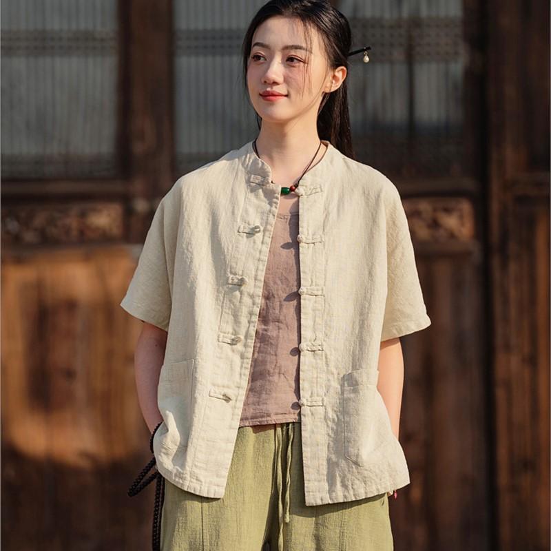 

Johnature Women Vintage Stand Shirts Button Tops Summer Loose Pockets Solid Color Women Shirts Chinese Style One Size бежевый