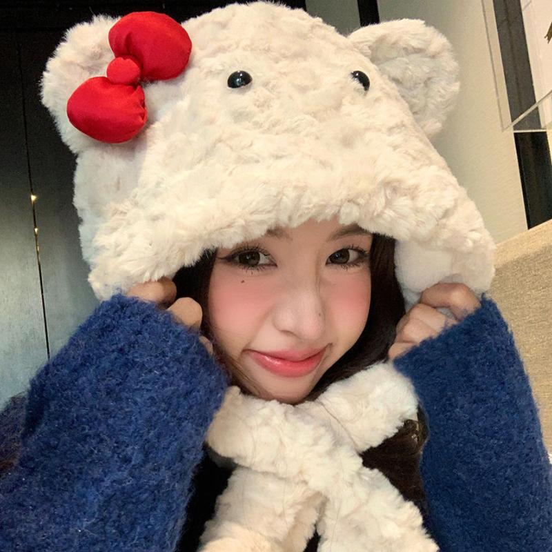 

Женская зимняя плюшевая шапка-ушанка с бантом и медведем, шарф интегрированный, утолщенная теплая защита ушей, холодостойкая шапка One size