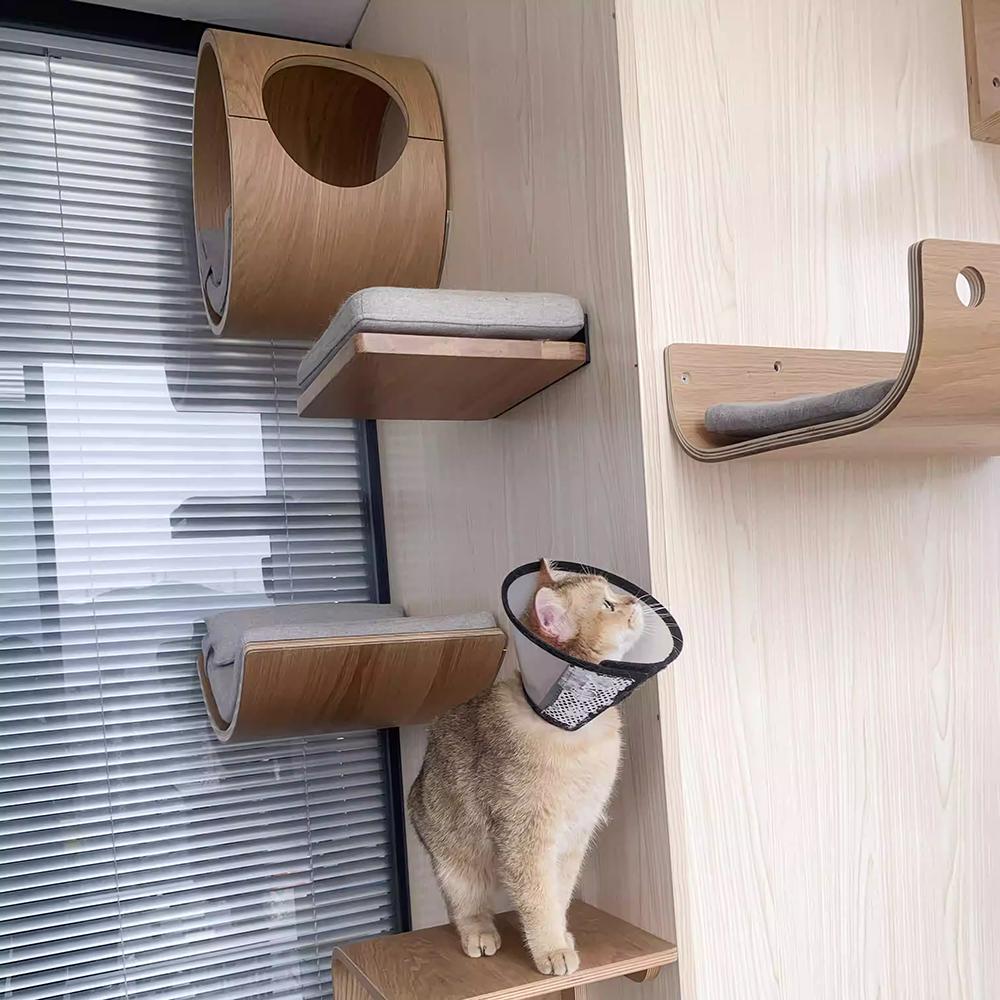 Wall Mounted Cat Climbing Shelves Hammock Scratcher Perches Solid Wood Steps Stairs Cat Furniture for Activity Indoor Cats