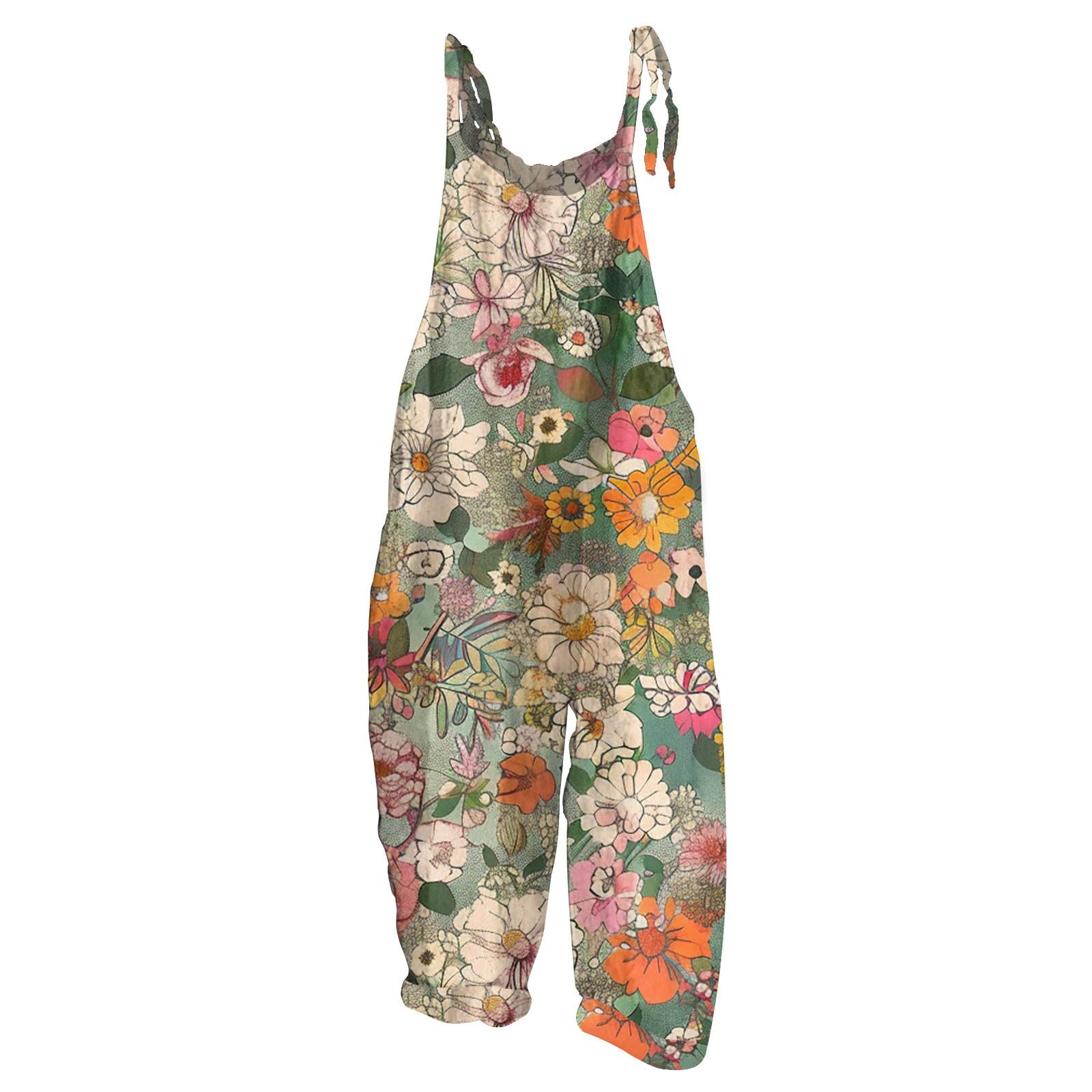 

Женский комбинезон с цветочным принтом, повседневный свободный ретро-бретелька из хлопка и льна XXXXL хаки