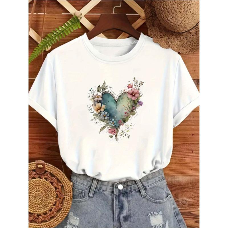 Women's Black White Floral Heart Print T-Shirt Crew Neck Short Sleeve Lightweight Polyester Medium Stretch Casual Versatile Daily Home Restaurant Top
